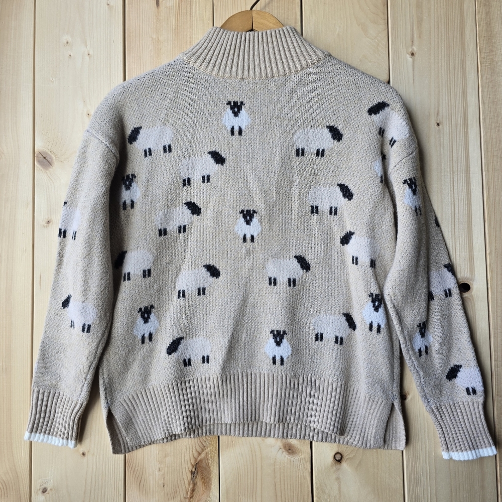 Ricki's Sheep Lamb Print 1/4 Zip Long Sleeve Pullover Tan Sweater Medium - Picture 8 of 12